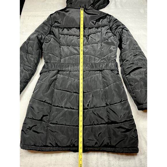 Bebe Long Black Puffer Coat Belted Gold Accents Womens L Double Zipper Hooded - Picture 13 of 16